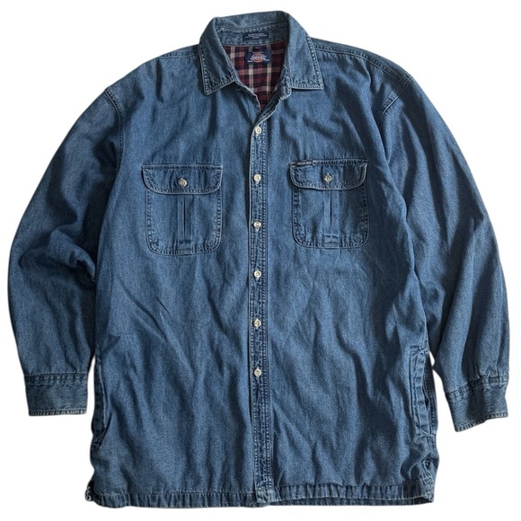 Dickies Lined Denim Shirt Jacket Men’s Large Plaid Flannel Workwear Shacket Blue - Picture 1 of 11